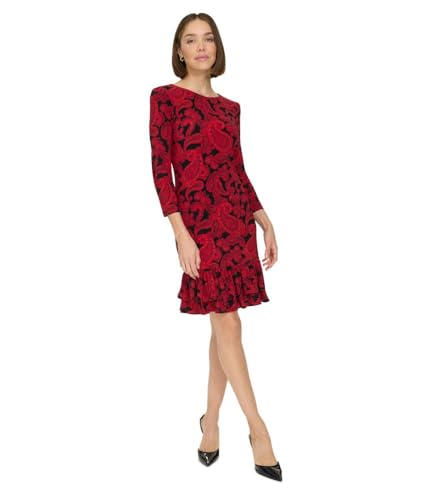 Image of Tommy Hilfiger Women's 3 /4 Sleeve Crew Neck Double Ruffle Hem Jersey Shift Mini Dress
