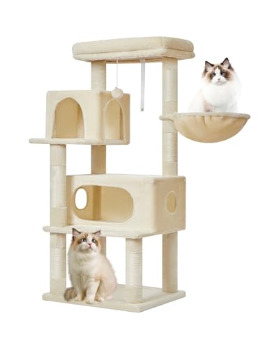 Image of Taoqimiao Cat Tree, 49In Cat Tower for Indoor Cats Large Adult | 2 Luxurious Cat Condos, Thick Padded Top Perch, Adjustable Hanging Baskets, 5 Scratching Sisal Posts, Beige MS029LM