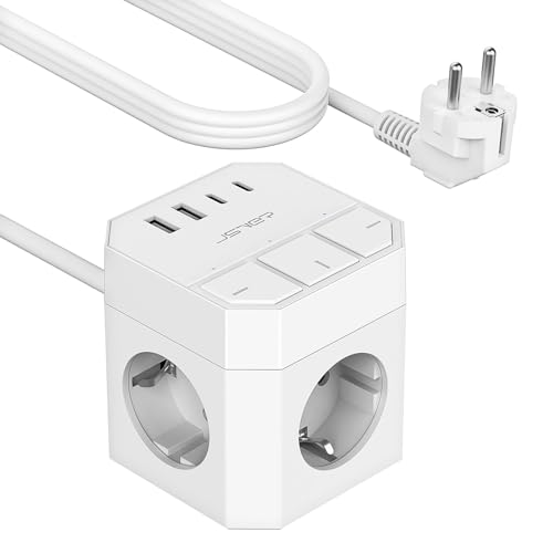 JSVER Cubo Enchufe USB C, Regleta USB 3 Tomas y con Interruptor Individual, 7 en 1...