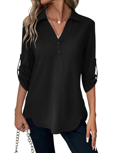 TICTICMISS Women's 3/4 Length Rolled Sleeve Tunic Tops Collared V Neck T Shirts Both Side Buttons Blouses Black