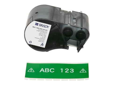 Image of Brady Authentic (M5C-1500-595-GN-WT) All-Weather Permanent Adhesive Vinyl Labels 1.5 in W x 25ft White on Green. for use with BMP51, M510, and M511 Label Printers.
