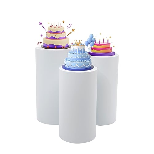 YUASDUU 3 PCS Cylinder Stands for Party White Round Cake Pedestal Stand Metal Cylinder Pedestal Stand Dessert Table Display Pillars for Wedding Birthday Banquet Baby Shower Parties Event Decor 23.62(L) 21.65(M) 19.68(S)