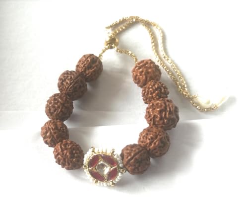 Image of Rakhi loomba Rudraksha Beads Bracelet with Pearl-Studded Red Pachi Kundan Charm, Gold plated Chain and Pearl Drops