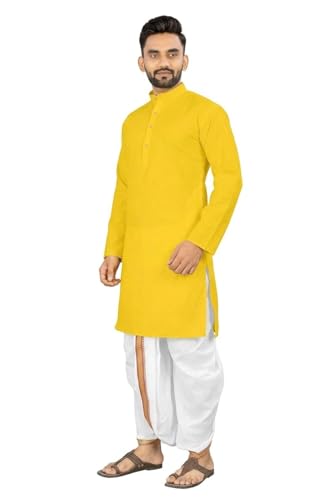 Image of UNIQUE MOMENTS Men's Cotton Dhoti Kurta Set with Full Sleeves Solid Pattern Modern Style and Mandarin Collar Neck | Perfect for Puja & Celebrations