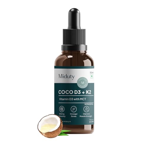Miduty Coco D3 + K2 – Vitamin D3 Oral Solution 600 IU – Cholecalciferol Vitamin D3 Drops with MK-7 – Support Strong Bones, Muscles & Joints - More Calcium Absorption – Calcium supplement for Women & men – 30 ml
