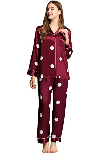 Lonxu Womens Satin Pajamas Set Classical Wine Red 2XL