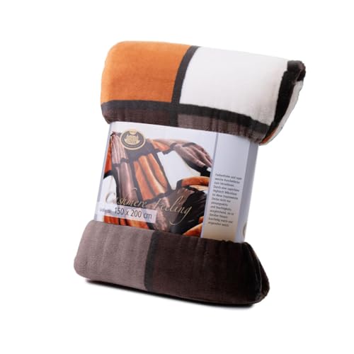 Gözze - Weiche Kuscheldecke, Cashmere Feeling, Hohes Stoffgewicht 500 g/m², Antigua, 150 x 200 cm - Zimt/Schwarz/Weiß