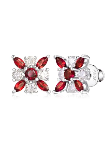 1.64 Carat Moissanite and Emerald/Sapphire/Ruby Flower Square Stud Earrings for Women, Solid 925 Sterling Silver, Anniversary Christmas Birthday Valentines Gift Wedding Earrings - Main Image