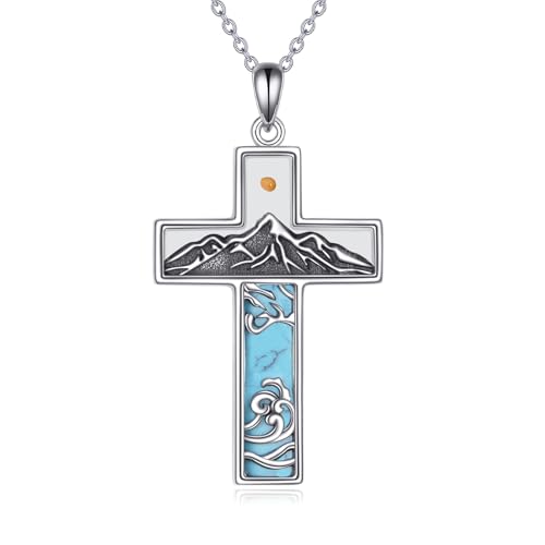 God is Greater than the Highs and Lows Necklace S925 Sterling Silver Turquoise Cross Mountain Pendant Necklace Highs and Lows Christian Jewelry Gifts
