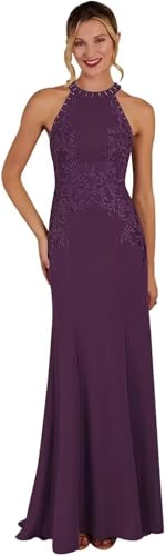 Halter Mother of The Bride Dress Long Chiffon Prom Dresses Lace Applique Formal Evening Gown for Women