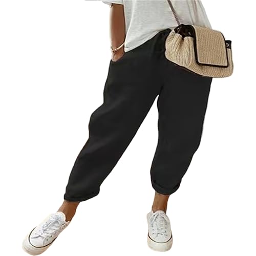 Akivide Women’s Cotton Linen Floral Print Pants with Pockets Casual Loose Wide Leg Elastic Drawstring Lounge Harem Trousers