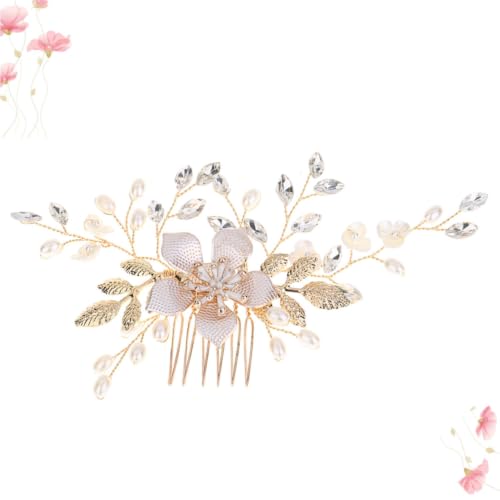 FRCOLOR Golden Floral Pearl Rhinestone Hair Comb for Bride Bridal Wedding Hair Accessory Alloy Material Secure Fit for Party and Engagement