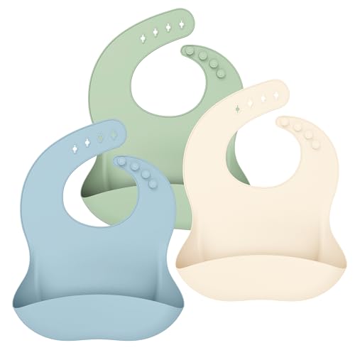 Image of Cuddle Campus Set of 3 Silicone Bibs for Babies & Toddlers,Soft Adjustable Bibs with Pocket Food Catcher for Baby Girl,Boy