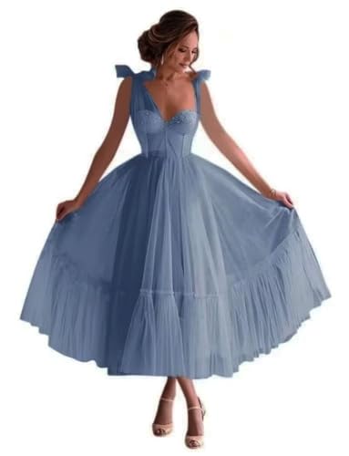 A Line Tea Length Party Dress Tulle Prom Dress for Women Sweetheart Elegant Formal Evening Gown with Bow Shoulder