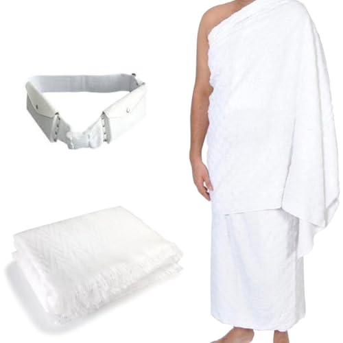 Ihram for Hajj and Umrah - 100% Pure Cotton Towels with Belt for Men (イフラム 男性用 ハッジ & ウムラ タオル セット) - Size 110x210 cm - Lightweight 1.2kg - Soft, Hygienic and Natural 