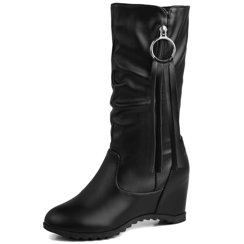 Bottes franges mi-mollet hiver à enfiler compensées pour femme confortables