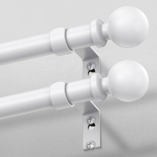 2 Pack White Curtain Rods for Windows 30 to 56 Inch, Adjustable Heavy Duty 1 Inch Diameter Decorative Curtain Rod with Round Finials, Modern Easy Install Extendable Metal Drapery Pole Set