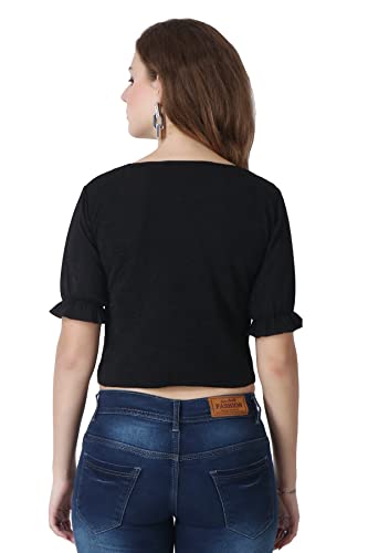 Image of POPWINGS Casual Black Solid Self Design Half-Sleeves Crop Top for Women || Sweet Heart Neck Summer Crop Top for Women || Crop Tops for Women Fancy Crop Top for Women