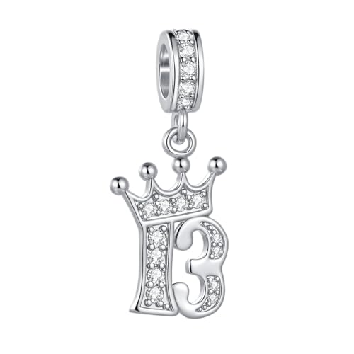 FGT Abalorio colgante de número de cumpleaños con corona de tiara, compatible con pulseras Pandora Moments para mujer, circonita cúbica plateada, talla única, Cobre Zirconia cúbica, No es una piedra