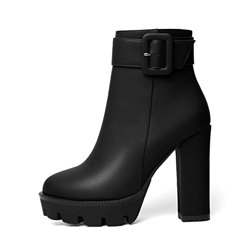Mettesally Womens Platform Buckle Ankle Boots Round Toe Chunky Block High Heels Side Zipper Short Boots Office Winter Shoes2
