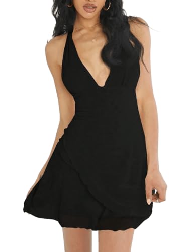 SKAYS Women's Halter Mini Vacation Dress 2025 Short V Neck Sexy Backless Going Out Club Bodycon Date Night Summer Dress