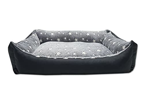 Odolplusz Hundebett mit Wendekissen 100x70cm | Hundekissen Waschbar | Füllung aus hautsympathischen 100% Polyurethanschwamm (Grau - Sterne)