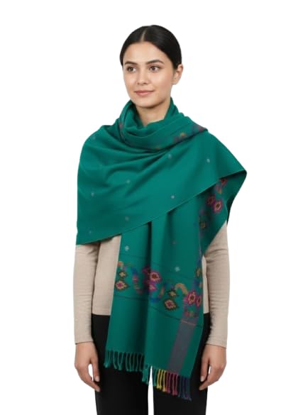 Pure Wool Women's Shawl, Green, Kullu Design Woven with Multicolour Embroidery and Fringe Tassels-image-38