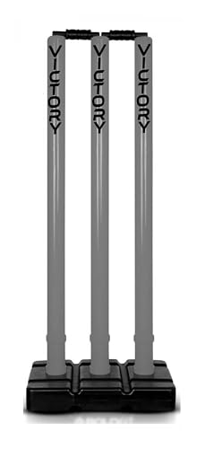 Image of VICTORY Heavy Cricket Stumps Plastic Wickets Set with 3 Stumps + 2 Bails + 1 Stand | Full Size Wickets for Cricket Ground, Tournament Wicket Grey Set