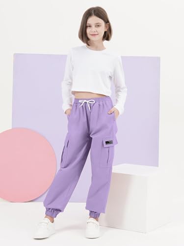 Image of SANGTREE Girls' Clothing Sets Crop Top & Cargo Jogger Pants 2 Piece Outfit, White +Purple, 11-12Y = Tag 160