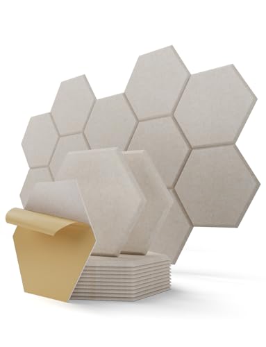 Paneles Acusticos Autoadhesivos, 12 Piezas, Hexagonal Panel Acustico Decorativos, Acoustic Panels para Pared, Techo, Puerta, Home Estudio, Gaming, Living Room, 30 x 26 x 0,9 cm, Beige