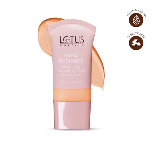 Image of Lotus Make-Up Pure Radiance Matt Fix Daily Foundation with Ceramides | Oil-Free, Lightweight & Breathable | Hydrates & Smoothens | Matte Radiant Finish | Buildable Coverage | All Skin Types | 01 Soft Vanilla | 30ml