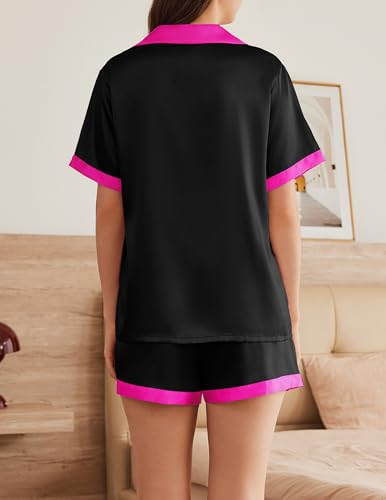 Image of Ekouaer Womens Silk Satin Pajama Set Short Sleeve PJs 2 Piece Button Down Top and Shorts Notch Collar Sleepwear Sets Soft Pjs