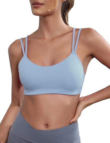 Image of Yoga Sports Workout Bras for Women Seamless Molded Cup Spaghetti Double Strap Bra Wirefree Scoop Neck Tank Top Bras