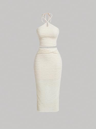 GORGLITTER Women's Two Piece Set Halter Summer Outfit Criss Cross Tie Back Crop Top Bodycon Midi Skirt Set3