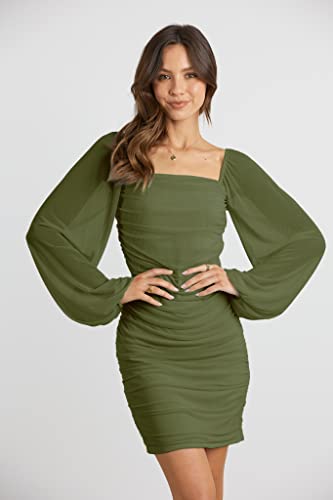 Image of MASCOMODA Women Elegant Square Neck Lantern Long Sleeve Mini Ruched Bodycon Dress Stretch Mesh Slim Party Cocktail Dresses