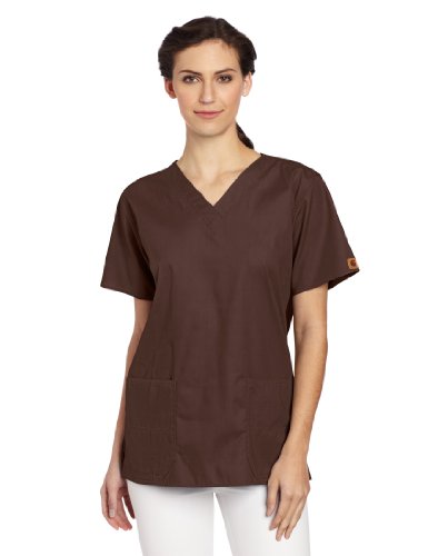 Carhartt Women's Scrubs V-Neck Two Pocket Top, Chocolate, X-Small