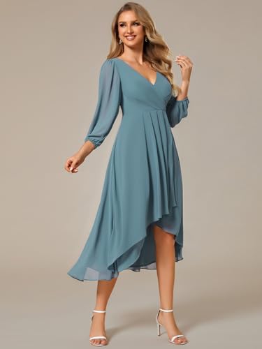 Image of Ever-Pretty Women's Chiffon V Neck Long Sleeves A-Line Midi Length Wedding Guest Dress Cocktail Party Formal Dresses 01926