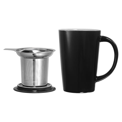 sourcing map Tazas de té de porcelana de 16.9 onzas con infusor y tapa, taza de té de cerámica de hojas sueltas, taza de café para leche, cacao, oficina, hogar, amantes del café, regalos, color negro