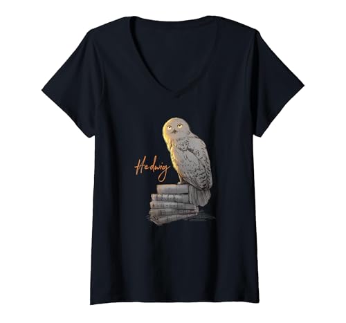 Women's Harry Potter Hedwig Books Painted V-Neck T-Shirt, Black, X-Large