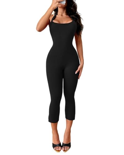 ECHOINE Backless Halter Neck Jumpsuit For Women Bodycon Cropped Capri Romper Black M