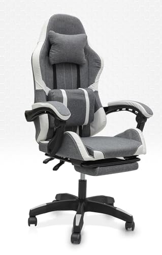 كرسي العاب تنفيذي بتصميم عصري من مالتي هوم فيرنتشر، MH-FR34، رمادي-ابيض للكمبيوتر مع ظهر قابل للامالة بالكامل ومسند للراس، مصنوع من الجلد الناعم (رمادي وابيض)، 70 × 60 × 26 سم