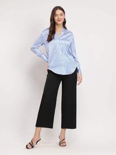 Image of FableStreet Women Formal Shirt | Relaxed Fit V-Neck Polka Dot Pattern with Pleated Detailing | Satin Fabric for Business Casual