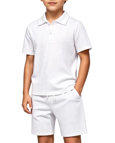Coco&RARA Boys Clothes Solid Color Button-Down Polo Boy Outfits Top + White Kids Clothes Shorts Set with Pockets White 9-10 Years