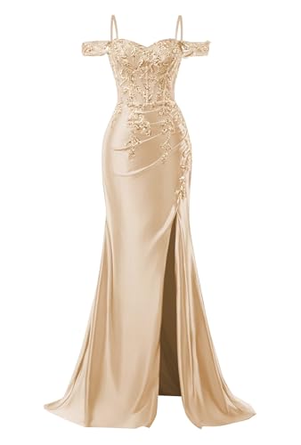 Image of Mermaid Satin Prom Dresses 2026 Lace Applique Off Shoulder Formal Evening Gown with Slit