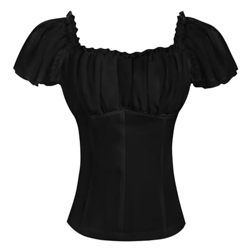HWJFDC - Chemise médiévale pour femme - Chemisier médiéval - Corset à manches courtes - Style Renaissance - Haut de pirate - Buster plissé - Oktoberfest - Vêtements folkloriques, Noir , S