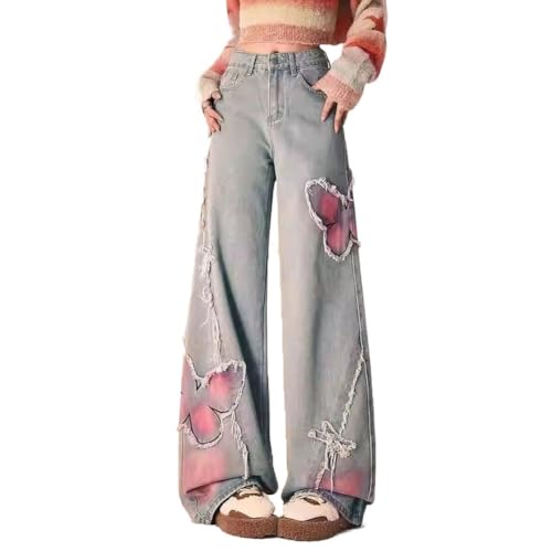 LAFOURAM Petite Jeans for Women 5 FT Short Wide Leg Baggy Coquette Butterfly Patchwork Denim Pants