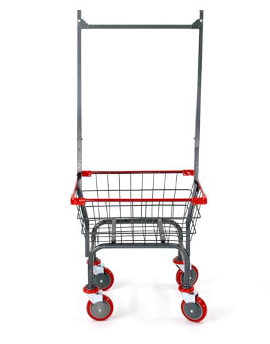 CHAMINUSA Laundry Cart Grey Powder Coated with Double Pole Rack, 1.5-Bu (Red, Black, Blue Trim) (Red)