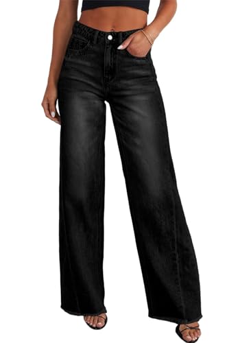 Sidefeel Women's High Waisted Jeans Stretchy Raw Hem Straight Leg Denim Pants Size 10 Black