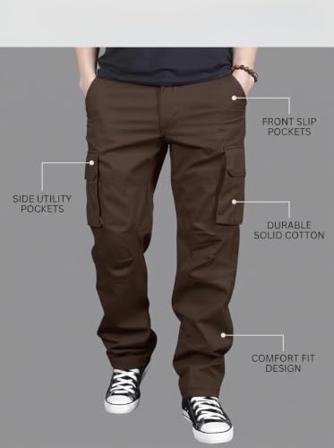 Image of DBAX Men's Olive Green Utility Cargo Pants | Multi Pocket Relaxed Fit Cargo Trousers | Durable Casual Streetwear Pants for Men