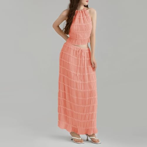 Image of Women Y2K Skirt Set Outfits Strapless Crop Top Bodycon Midi Skirt Dress Sexy 2 Piece Knit Outfits Skirt Summer